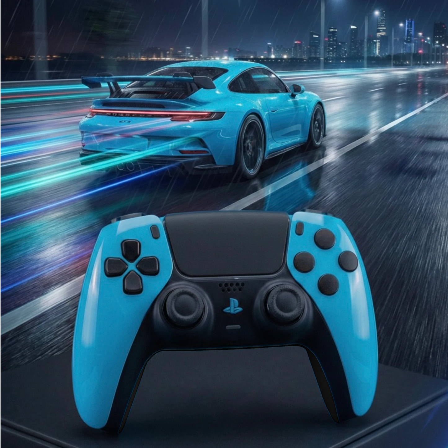 Miami Edition Custom Controller neben dem mitgelieferten Swapstick-Set für individuelle Anpassungen.