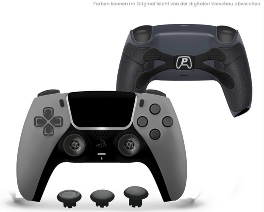 Custom PS5 Controller in Grey Softtouch mit schwarzen Akzenten, 4er Paddle und Smart-Triggern.