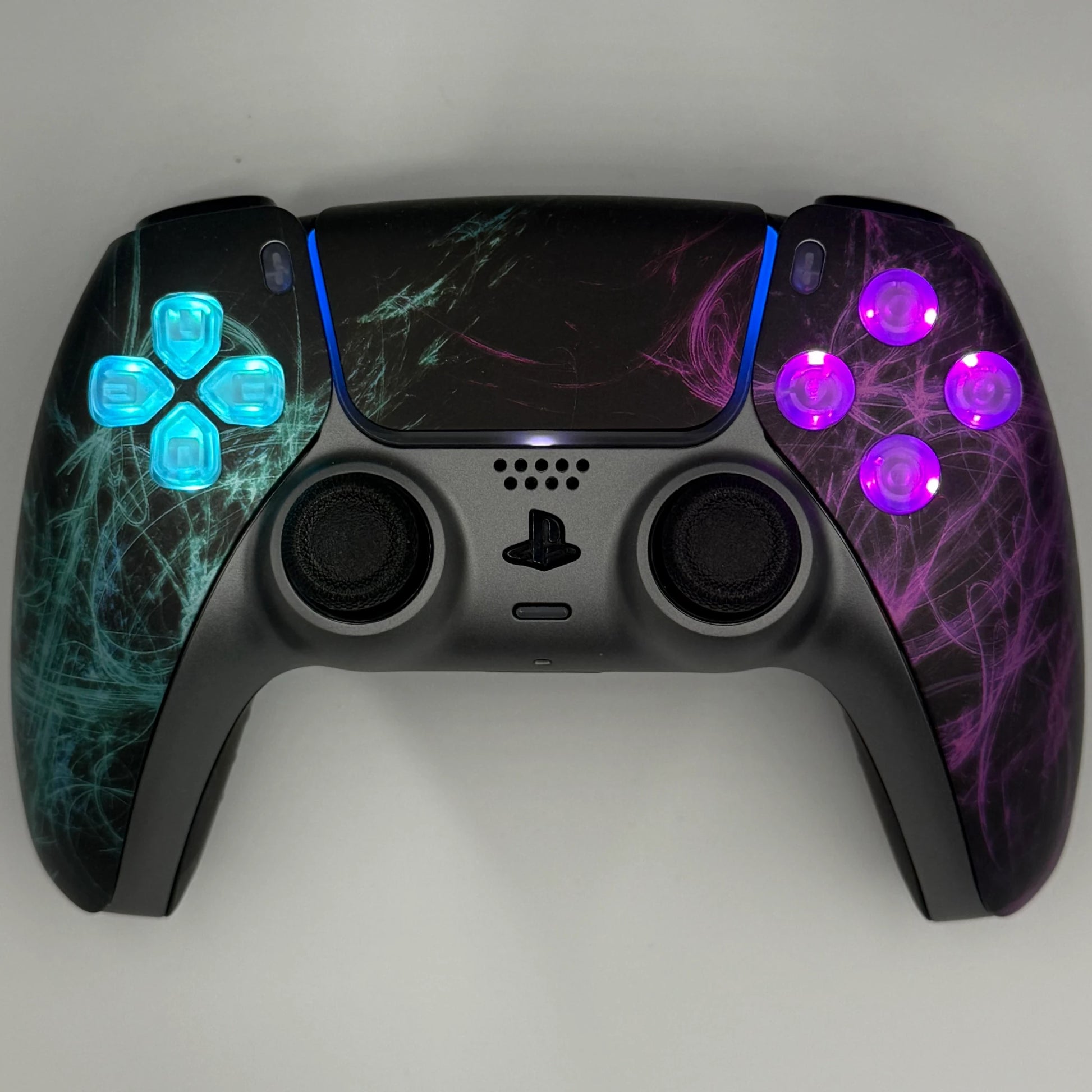 PS5 Custom Controller Türkis Lila Design mit Hall-Effekt Sticks und silbernem Mittelteil